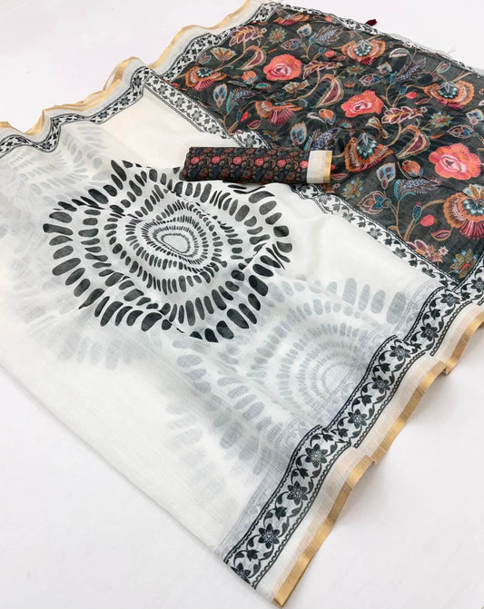 Ethnic Off White Printed Cotton Silk Saree With Extraordinary Blouse Piece