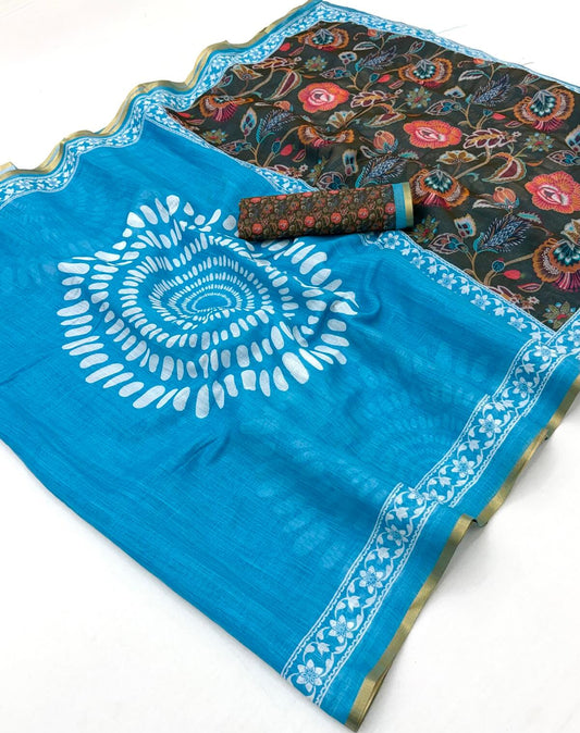 Fugacious Firozi Printed Cotton Silk Saree With Stunner Blouse Piece