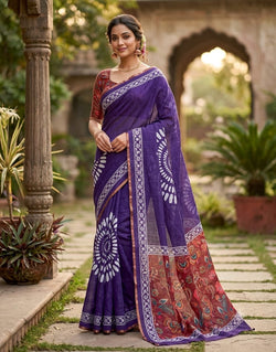 Arresting Purple Printed Cotton Silk Saree With Scrumptious Blouse Piece