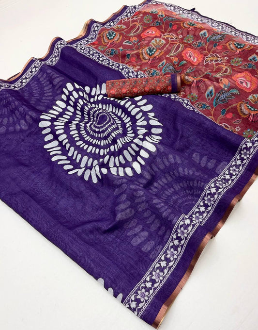 Arresting Purple Printed Cotton Silk Saree With Scrumptious Blouse Piece