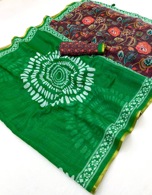 Smashing Dark Green Printed Cotton Silk Saree With Flamboyant Blouse Piece