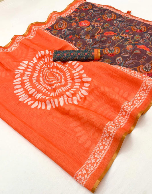 Quintessential Orange Printed Cotton Silk Saree With Adorning Blouse Piece