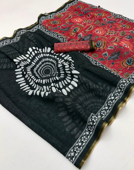 Allure Black Printed Cotton Silk Saree With Grandiose Blouse Piece