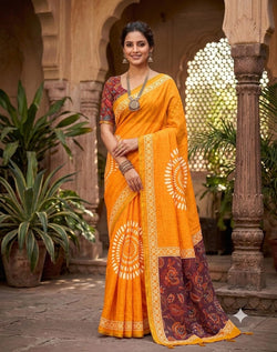 Flattering Yellow Printed Cotton Silk Saree With Aplomb Blouse Piece