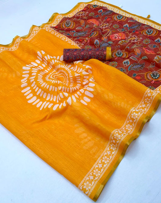 Flattering Yellow Printed Cotton Silk Saree With Aplomb Blouse Piece