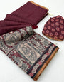 Eclat Wine Kalamkari Printed Cotton Silk Saree With Amiable Blouse Piece