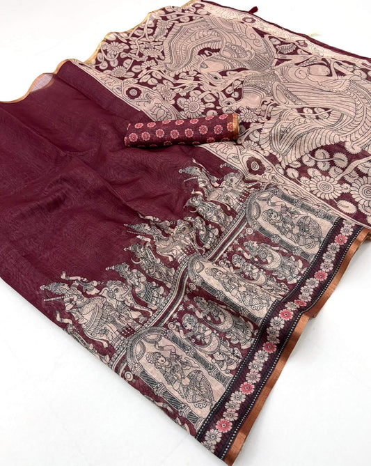 Eclat Wine Kalamkari Printed Cotton Silk Saree With Amiable Blouse Piece