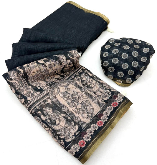 Majestic Black Kalamkari Printed Cotton Silk Saree With Dissemble Blouse Piece