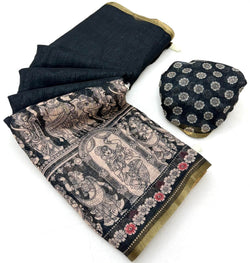 Majestic Black Kalamkari Printed Cotton Silk Saree With Dissemble Blouse Piece