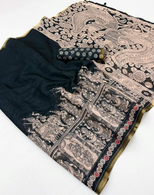 Majestic Black Kalamkari Printed Cotton Silk Saree With Dissemble Blouse Piece