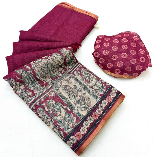 Skinny Dark Pink Kalamkari Printed Cotton Silk Saree With Wonderful Blouse Piece