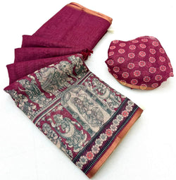 Skinny Dark Pink Kalamkari Printed Cotton Silk Saree With Wonderful Blouse Piece