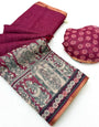 Skinny Dark Pink Kalamkari Printed Cotton Silk Saree With Wonderful Blouse Piece