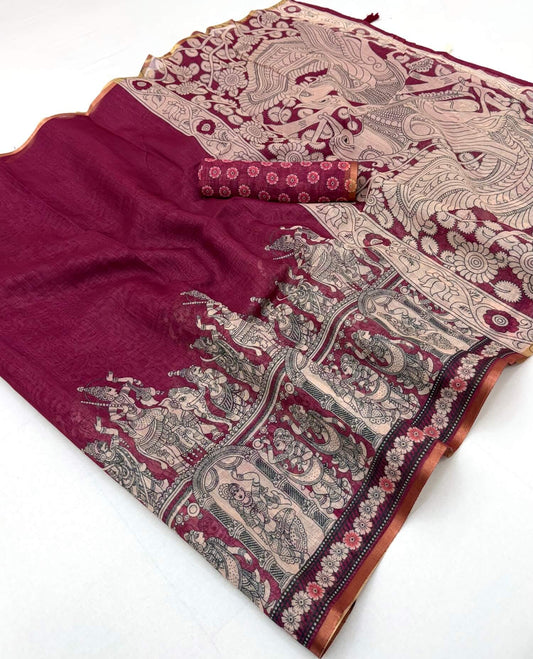 Skinny Dark Pink Kalamkari Printed Cotton Silk Saree With Wonderful Blouse Piece