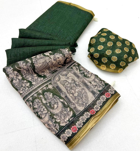 Ornate Dark Green Kalamkari Printed Cotton Silk Saree With Sizzling Blouse Piece