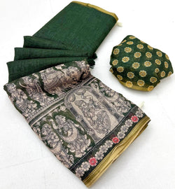 Ornate Dark Green Kalamkari Printed Cotton Silk Saree With Sizzling Blouse Piece