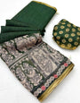 Ornate Dark Green Kalamkari Printed Cotton Silk Saree With Sizzling Blouse Piece