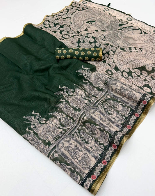 Ornate Dark Green Kalamkari Printed Cotton Silk Saree With Sizzling Blouse Piece