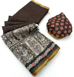 Quintessential Brown Kalamkari Printed Cotton Silk Saree With Palimpsest Blouse Piece