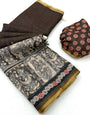 Quintessential Brown Kalamkari Printed Cotton Silk Saree With Palimpsest Blouse Piece