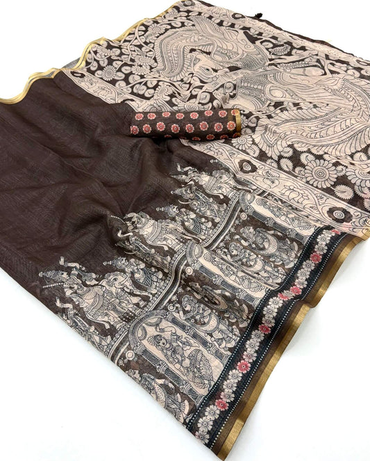 Quintessential Brown Kalamkari Printed Cotton Silk Saree With Palimpsest Blouse Piece