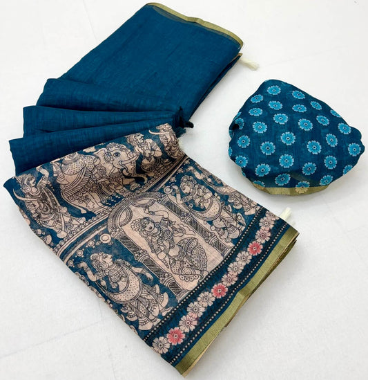 Flaunt Navy Blue Kalamkari Printed Cotton Silk Saree With Splendorous Blouse Piece