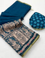 Flaunt Navy Blue Kalamkari Printed Cotton Silk Saree With Splendorous Blouse Piece