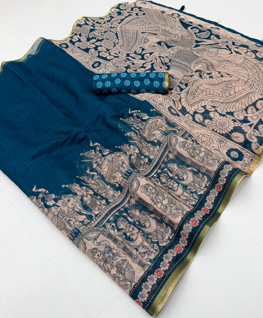 Flaunt Navy Blue Kalamkari Printed Cotton Silk Saree With Splendorous Blouse Piece