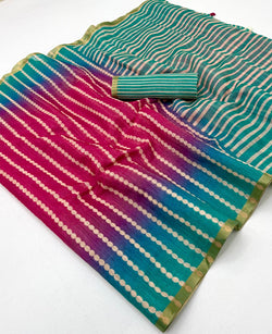 Eclat Dark Pink and Green Printed Cotton Silk Saree With Refreshing Blouse Piece