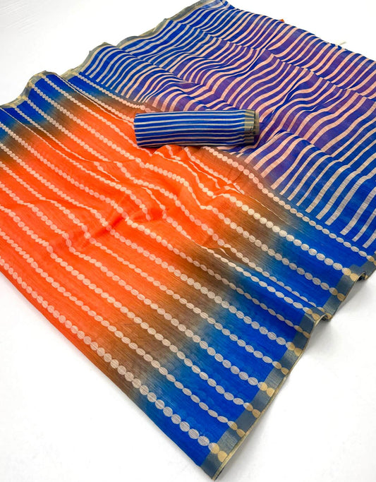 Wonderful Orange and Blue Printed Cotton Silk Saree With Engrossing Blouse Piece