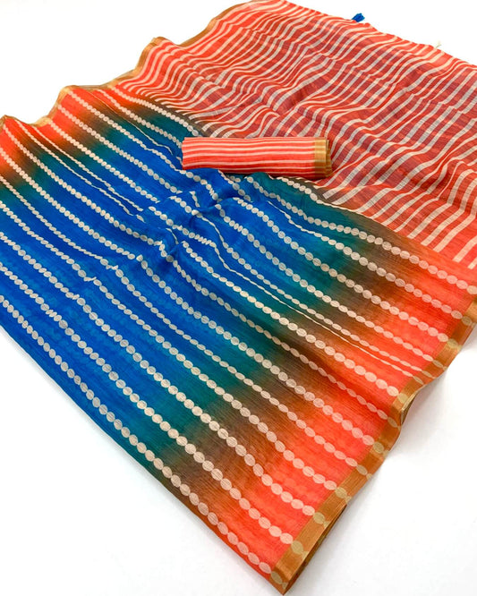 Ailurophile Blue and Orange Printed Cotton Silk Saree With Efflorescence Blouse Piece