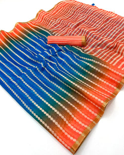 Ailurophile Blue and Orange Printed Cotton Silk Saree With Efflorescence Blouse Piece