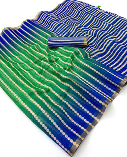 Energetic Green and Blue Printed Cotton Silk Saree With Exceptional Blouse Piece