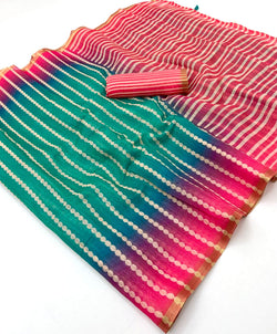 Mesmeric Green and Dark Pink Printed Cotton Silk Saree With Pleasant Blouse Piece