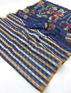 Tremendous Navy Blue Printed Cotton Silk Saree With Gleaming Blouse Piece