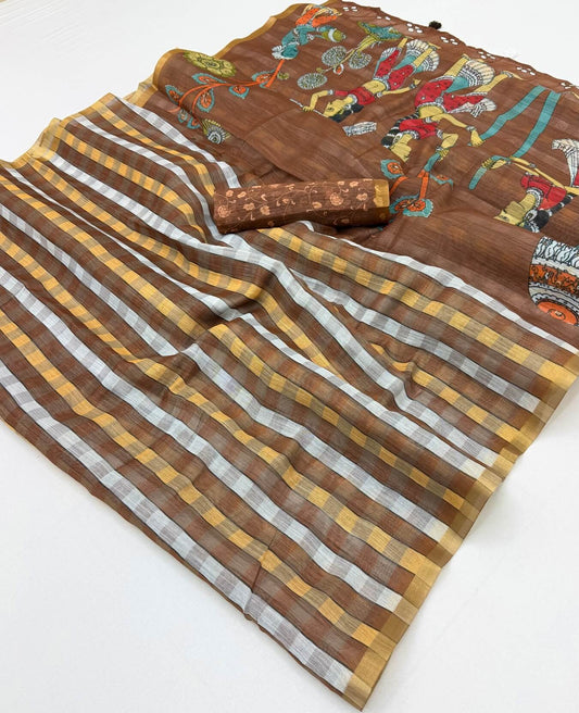 Alluring Brown Printed Cotton Silk Saree With Conflate Blouse Piece
