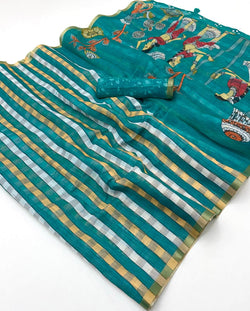 Gratifying Rama Printed Cotton Silk Saree With Phenomenal Blouse Piece