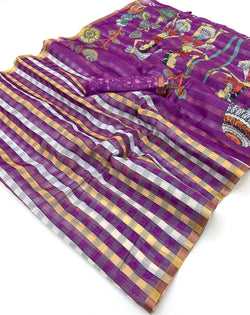 Grandiose Purple Printed Cotton Silk Saree With Serendipity Blouse Piece