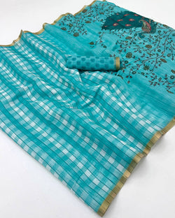 Beleaguer Firozi Printed Cotton Silk Saree With Flaunt Blouse Piece