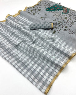 Dalliance Grey Printed Cotton Silk Saree With Vibrant Blouse Piece