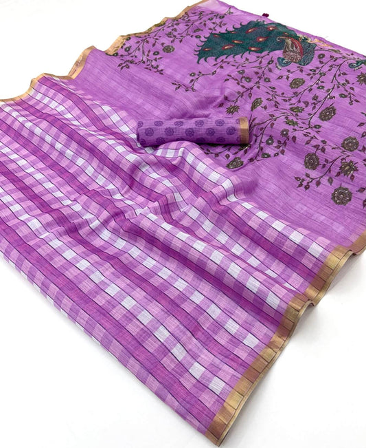 Sensational Lavender Printed Cotton Silk Saree With Admirable Blouse Piece