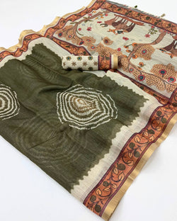 Inimitable Dark Green Printed Cotton Silk Saree With Posh Blouse Piece