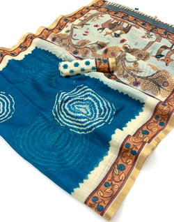 Symmetrical Blue Printed Cotton Silk Saree With Epiphany Blouse Piece