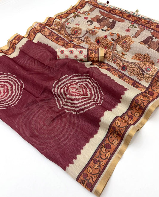 Appealing Wine Printed Cotton Silk Saree With Scintilla Blouse Piece