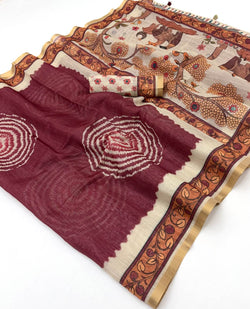 Appealing Wine Printed Cotton Silk Saree With Scintilla Blouse Piece