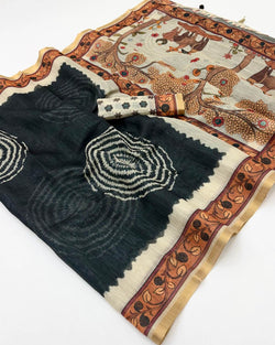 Pleasurable Black Printed Cotton Silk Saree With Fugacious Blouse Piece