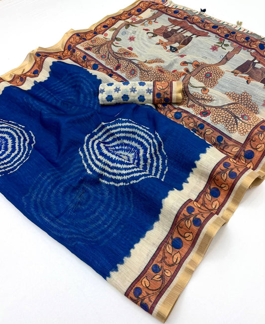 Majestic Navy Blue Printed Cotton Silk Saree With Engaging Blouse Piece