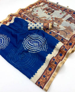 Majestic Navy Blue Printed Cotton Silk Saree With Engaging Blouse Piece