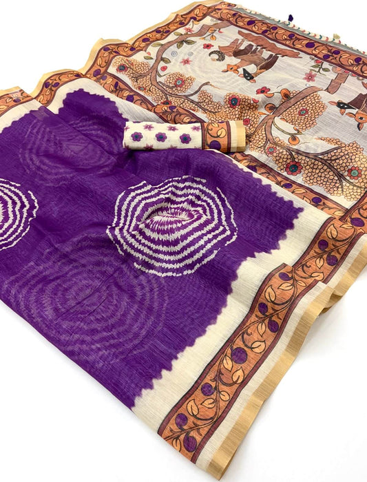 Lagniappe Purple Printed Cotton Silk Saree With Elegant Blouse Piece