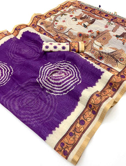 Lagniappe Purple Printed Cotton Silk Saree With Elegant Blouse Piece